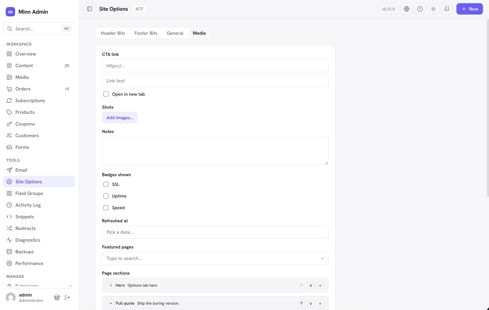An ACF options page as Minn's Site Options: tabs, a gallery field, checkboxes, a date picker, a relational search and flexible content sections all editing in place
