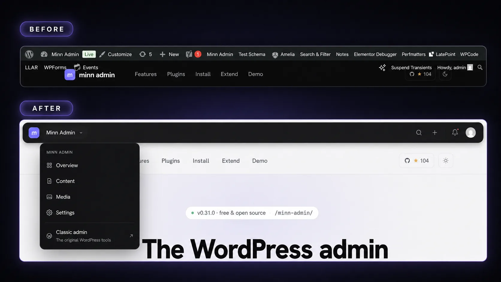 Before and after: the crowded classic WordPress toolbar replaced by Minn's quiet front-end admin bar