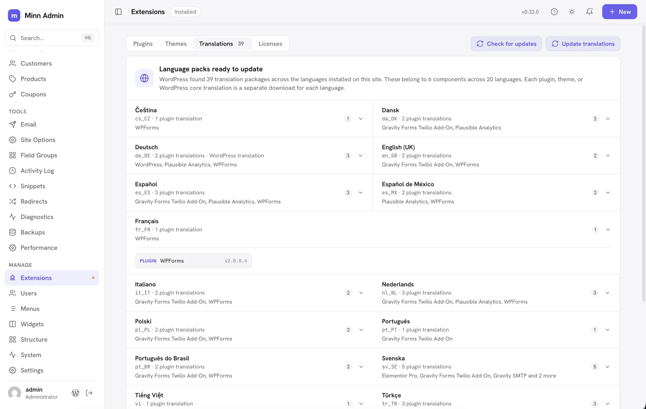 Translation updates grouped by language in the new Extensions tab