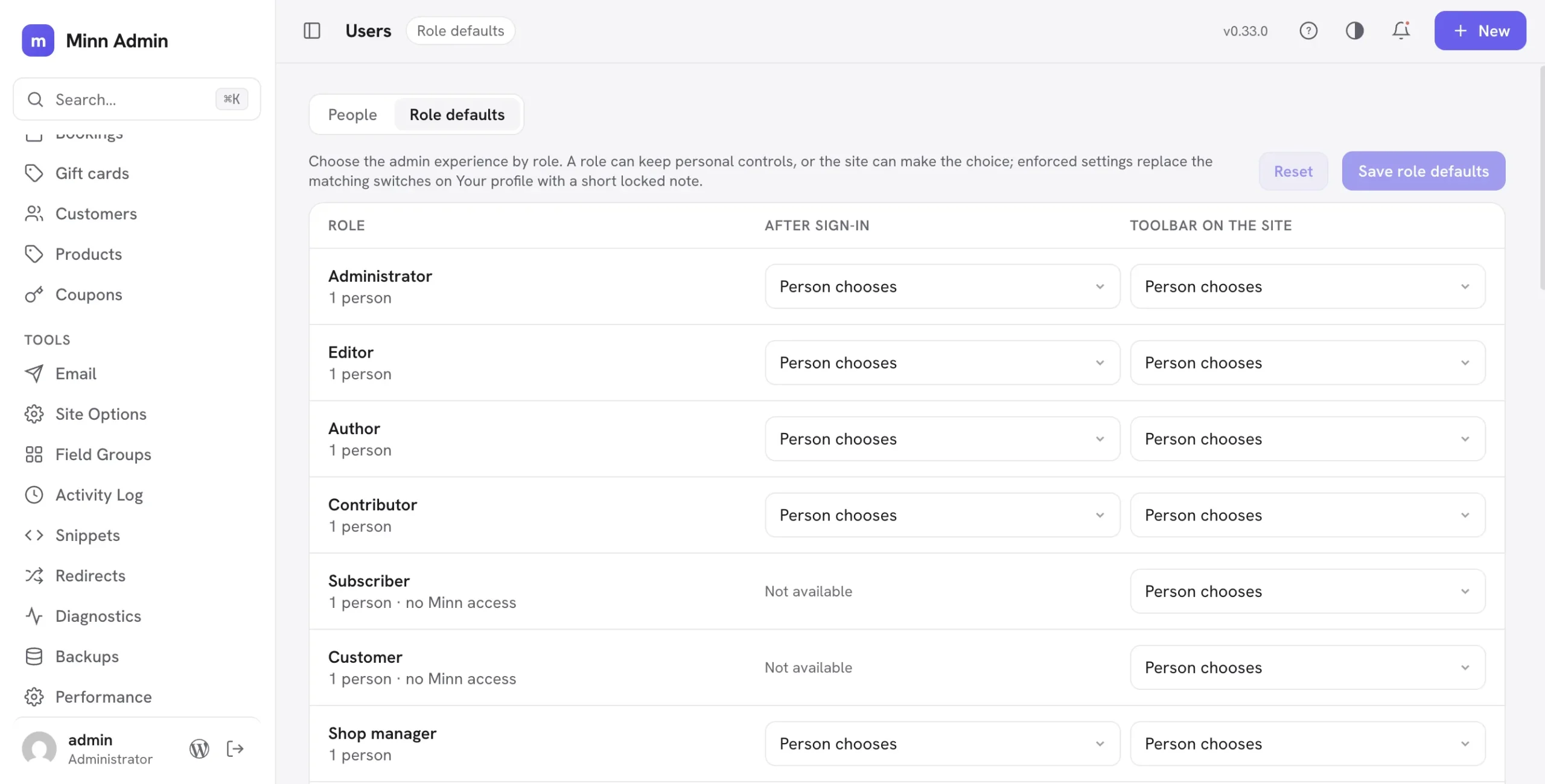 Role defaults: per-role sign-in and toolbar policy