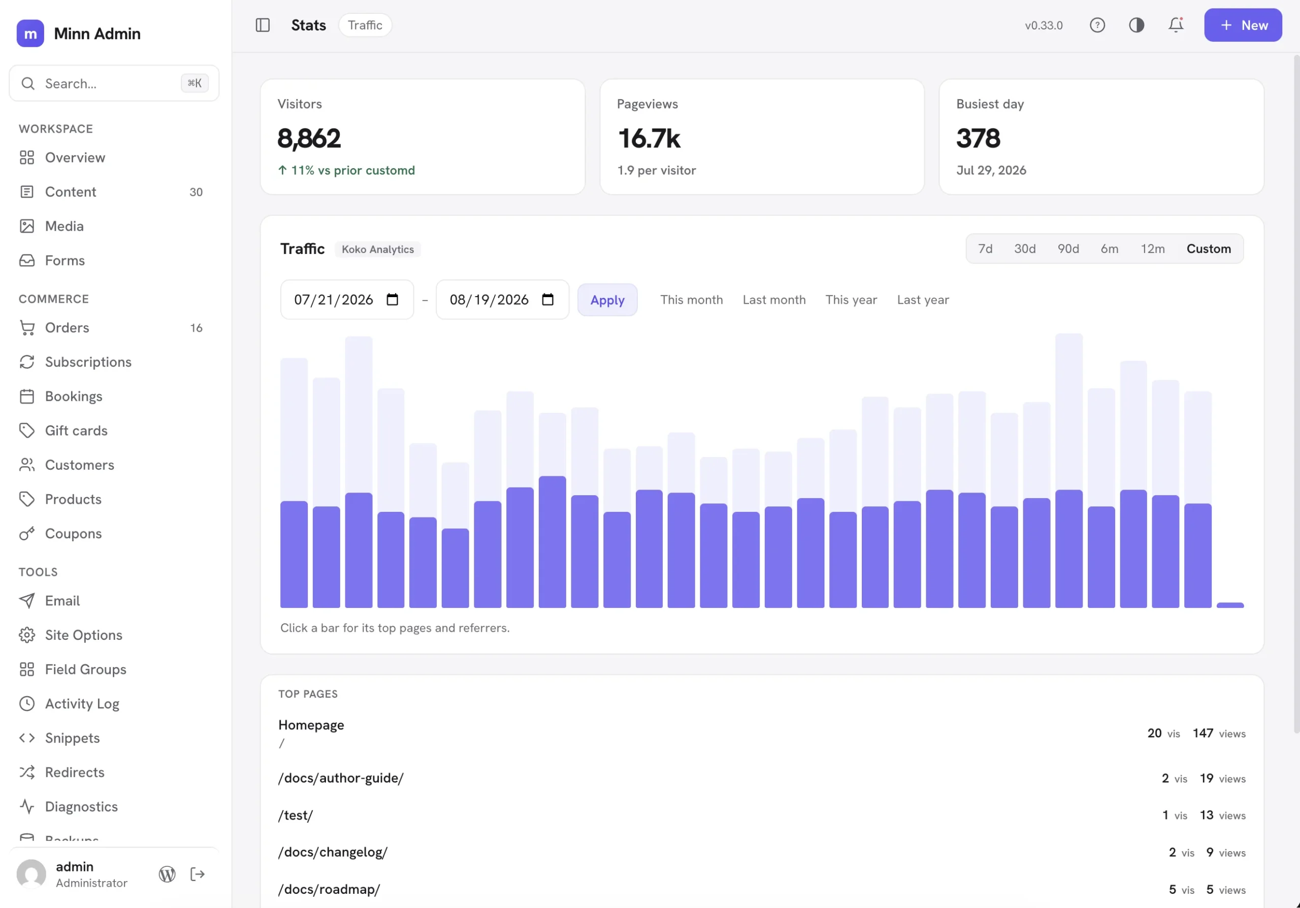 The Stats page with a custom date range, visitor totals, and top pages