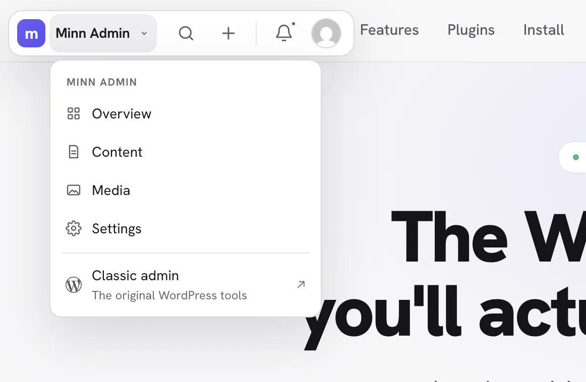 The Minn admin bar revealed on the public site: the Minn mark and site name in the top corner, opened to a menu of Overview, Content, Media and Settings with a Classic admin link.
