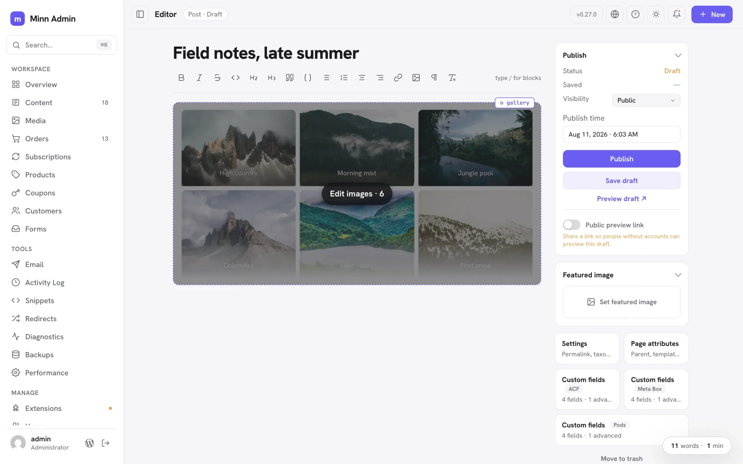 Hovering a gallery in the editor: the card dims and offers Edit images · 6, the doorway to the tile grid where photos are reordered, replaced, captioned and added
