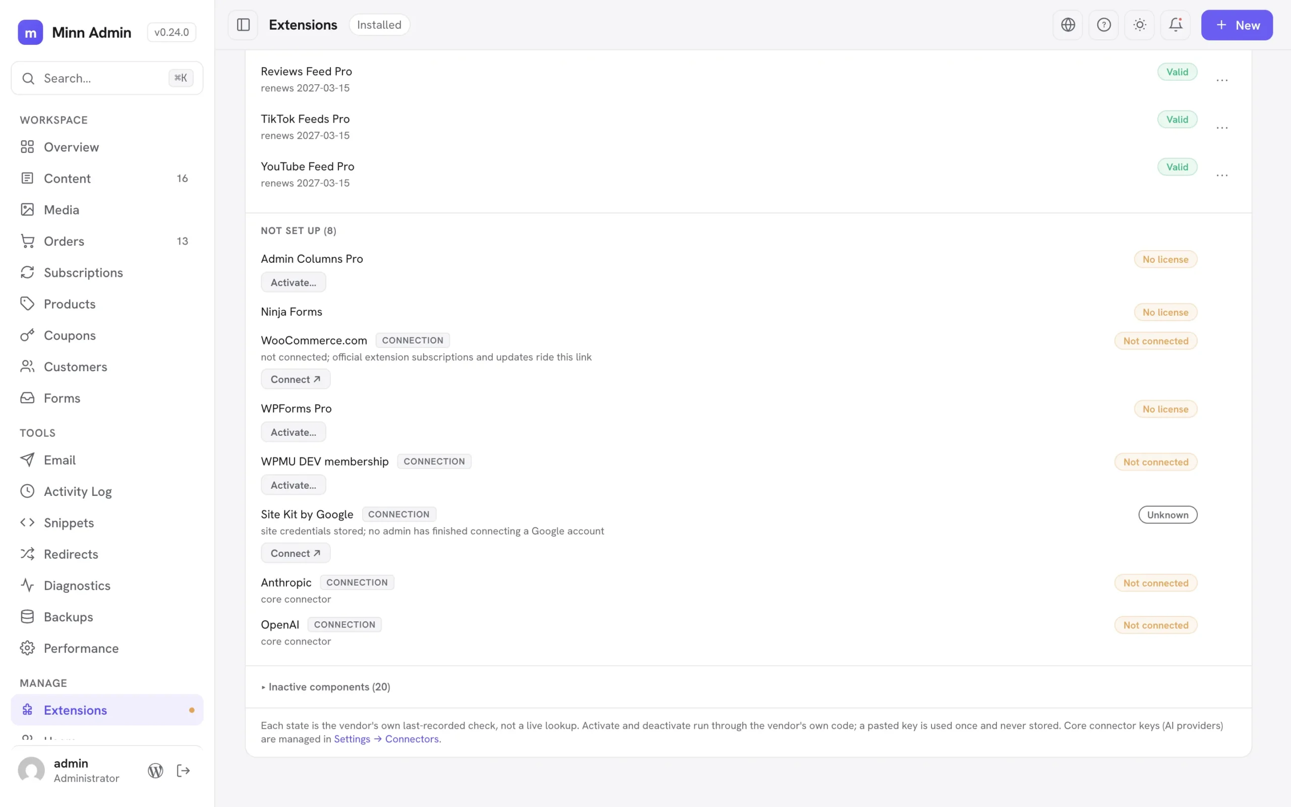 The Licenses tab: purchase licenses, service keys and account connections grouped by state, with connection rows for WooCommerce.com, Site Kit and the AI connectors WordPress core manages