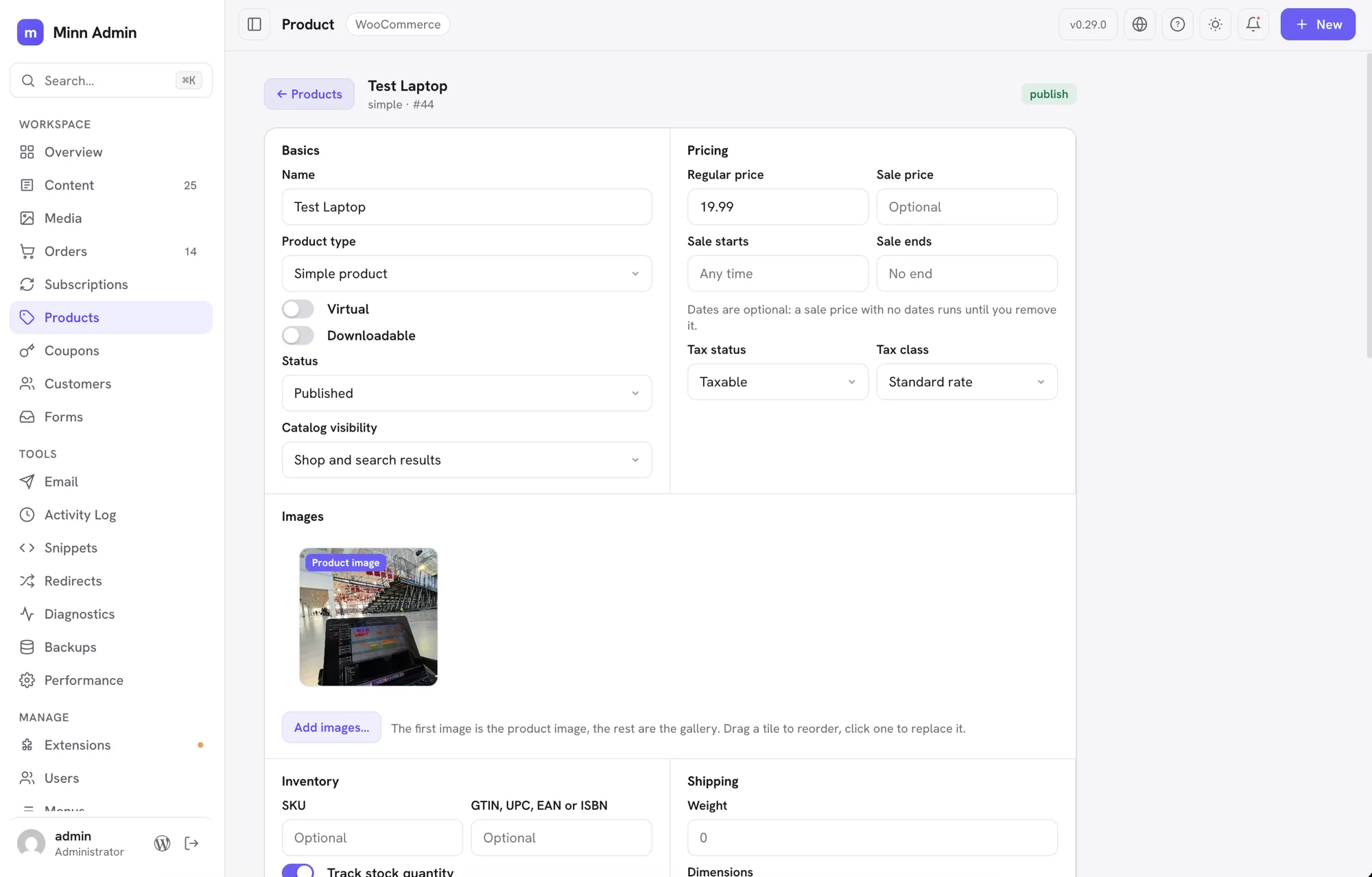A product open in Minn Admin: Basics, Pricing, Images and Inventory on one page